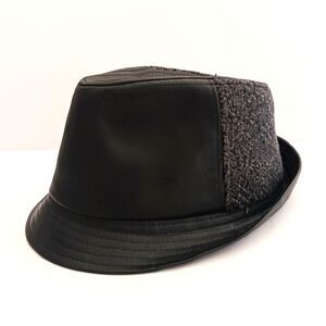 NEW Paulo Solari Blk Faux Leather Fedora Gray Fleece Accent M/L Unisex